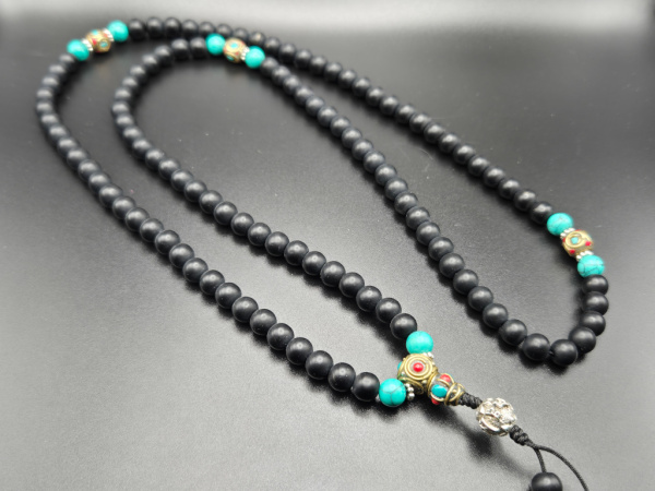 Shaligram Mala-Gebetskette mit Ethno-Schmuck | 108+1 Perlen | ca. 8mm